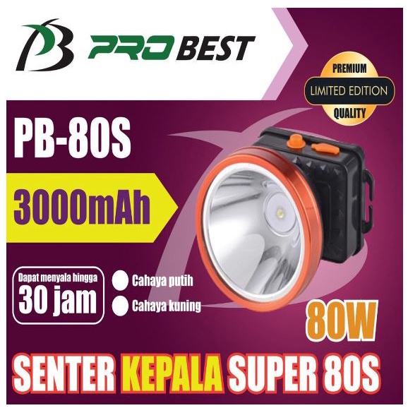 Senter Kepala Cas 80W Super Terang / Senter Kepala PROBEST 80 Watt 3000mAH Best Seller