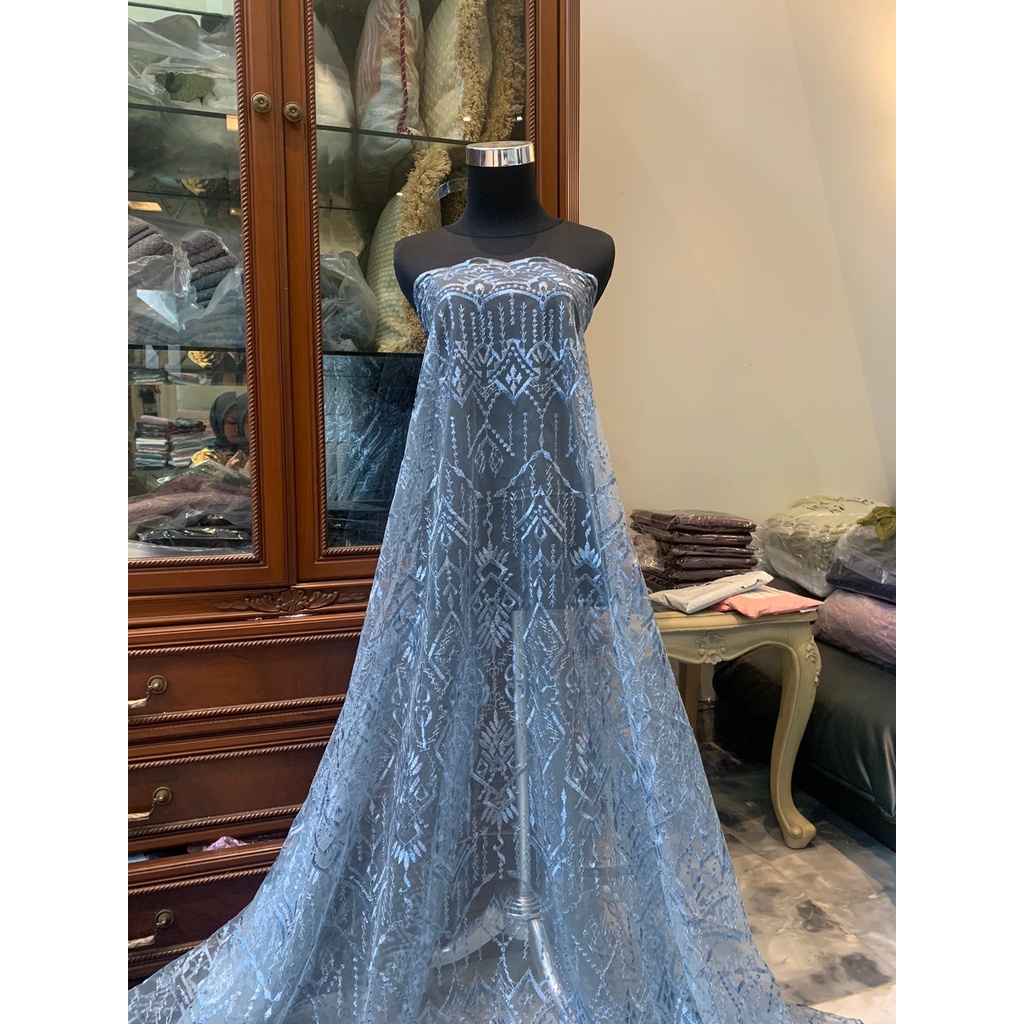 Bahan Kain Kebaya Brokat Tile Etnik Mewah Madeline Warna Ocean Blue Biru