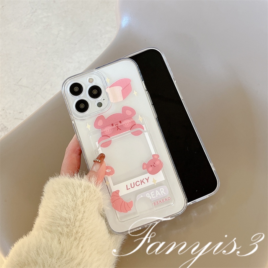 Compatible For IPhone 14 13 12 11 Pro Max X XR Xs Max 8 7 Plus SE 2020 Kompatibel Untuk Cute Babbit Bear Card Holder Phone Case Clear TPU Soft Cover Pelindung