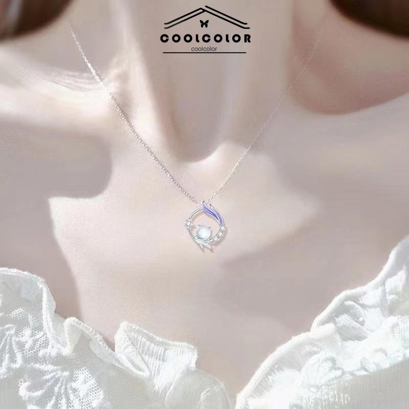 COD❤️Kalung Rantai Klavikula Liontin Moonstone Gaya Korea Silver Untuk Wanita Aksesoris Perhiasan- cl