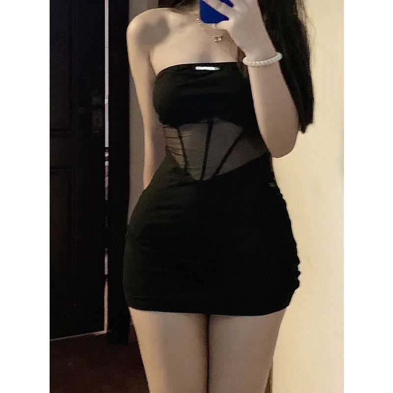 ♠▧❈Gadis Panas Gaun Wanita Eropa dan Amerika Transparan Berongga Saku Tas Pinggang Hip Rok Mini Tube Top Musim Gugur dan Musim Dingin Pakaian Dalam baru 2022