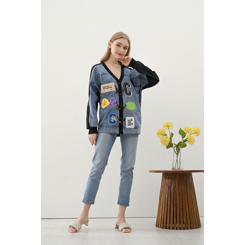 KARDIGAN WANITA JEANS PATCH TANGAN PANJANG - KARDIGAN JEANS