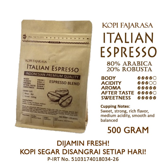 

Terlaris ✨ -Kopi Fajarasa Italian Espresso biji kopi Espresso Blend 500 gram - Whole Beans- 2.1.23
