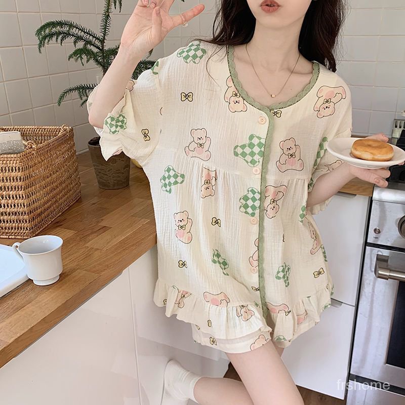 Jepang manis manis piyama musim panas wanita katun musim panas gadis renda renda katun linen gaya pu