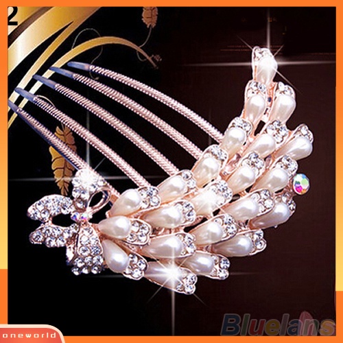 {oneworld} Pernikahan Pengantin Berlian Imitasi Mutiara Imitasi Jepit Rambut Bunga Merak Hair Clip Comb