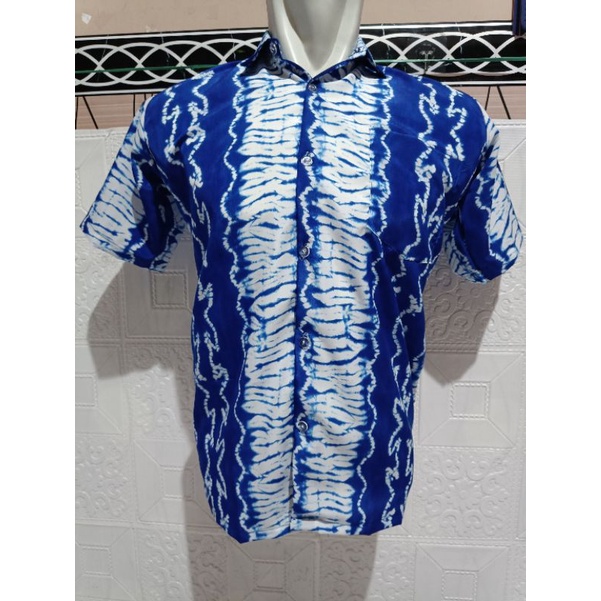 BATIK LENGAN PENDEK/BATIK PRINTING WARNA BIRU/BAJU BATIK LENGAN PENDEK/BATIK SERAGAM SEKOLAH