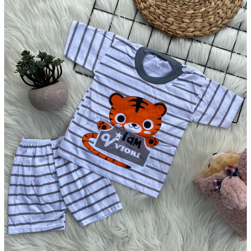 stelan baju bayi laki laki perempuan lucu murah motif MACAN SALUR PENDEK 3-12 bulan