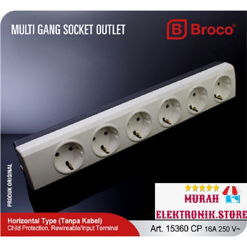 Broco Stop Kontak Arde 6 Lubang Putih 15360-NCP (Socket 2P Lobang) 15360 Original
