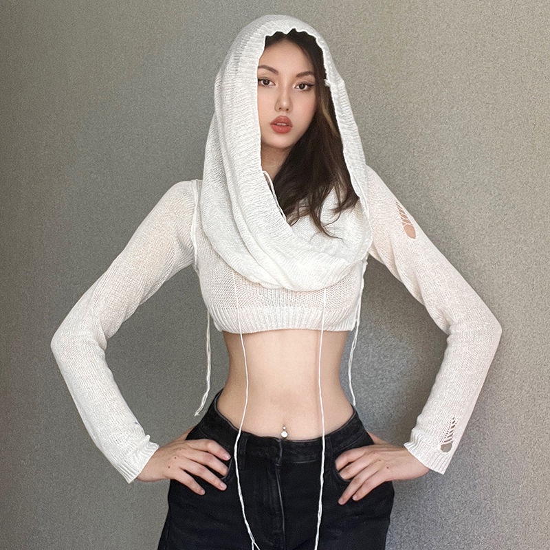 ☽Sancokis gaya Eropa dan Amerika berkerudung lengan panjang rajutan top niche high street babes sexy slim crop top