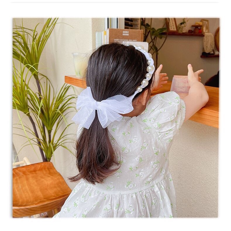[MTOYS] Bandana Mutiara Pita Tulle Panjang Bisa diikat Gaya Korea Bando Anak Import - SH2003