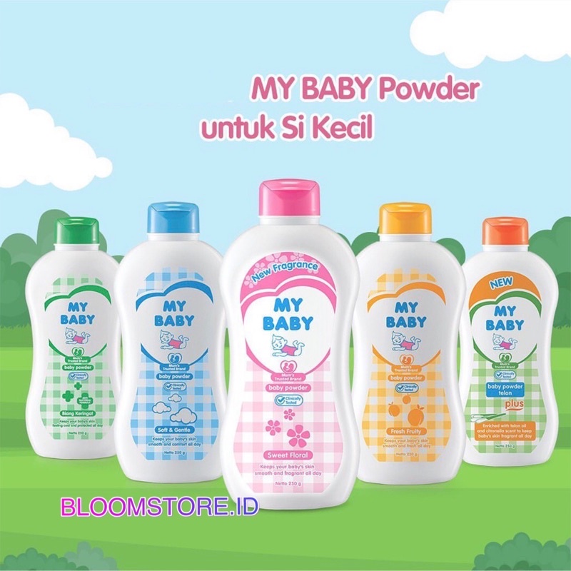 MY BABY Powder Bedak Tabur Bayi MyBaby Biang Keringat Sweet Floral Telon Plus Soft &amp; and Gentle Fresh Fruity 50g 50gr 50gram 50 g gr gram Pink biru Hijau Kuning Kecil Murah Promo