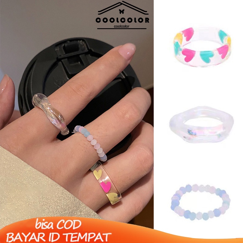 COD❤️3PCS/SET Cincin Polos Resin Sederhana  Cincin Mutiara  Premium Niche Wanita  Set Ring Akrilik Fashion Accessories Murah Wanita