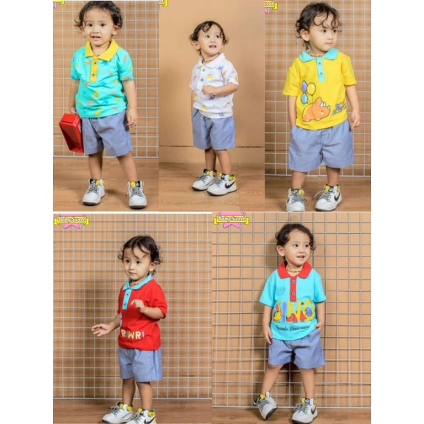 baby sweet set polo Dino cute setelan anak cowok kaos polo anak lucu setelan celana pendek anak