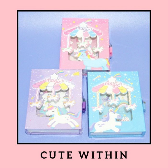 Diary Buku Gembok Unicorn - Pink Biru Ungu - Diary Harian Catatan Lucu