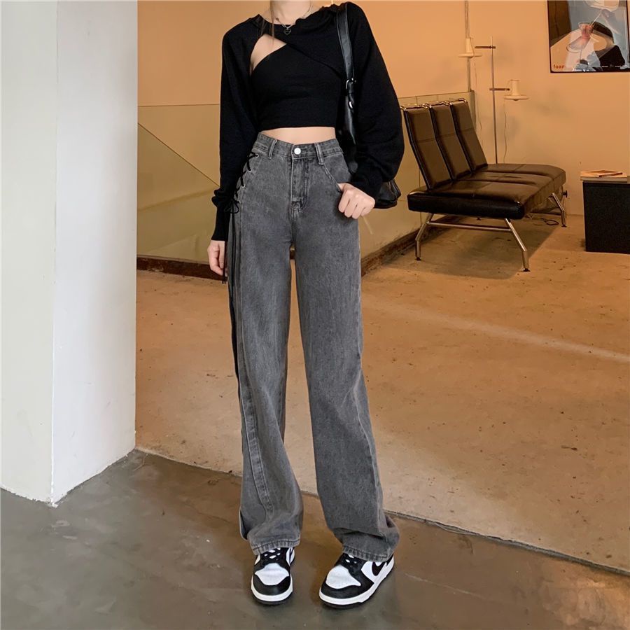 ●☑Jeans wanita gaya baru abu-abu asap desain tali pinggang tinggi mengepel lantai lurus-kaki celana wanita longgar ramping celana lebar-kaki trendi