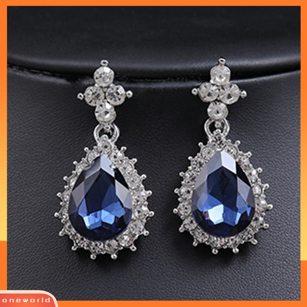 [ONE] 2 Pcs/Set Kalung Anting Set Kristal Imitasi Geometris Pernikahan Perhiasan Pengantin Temperamen Indah Berlian Imitasi Drop Earrings Kalung Hadiah Anniversary