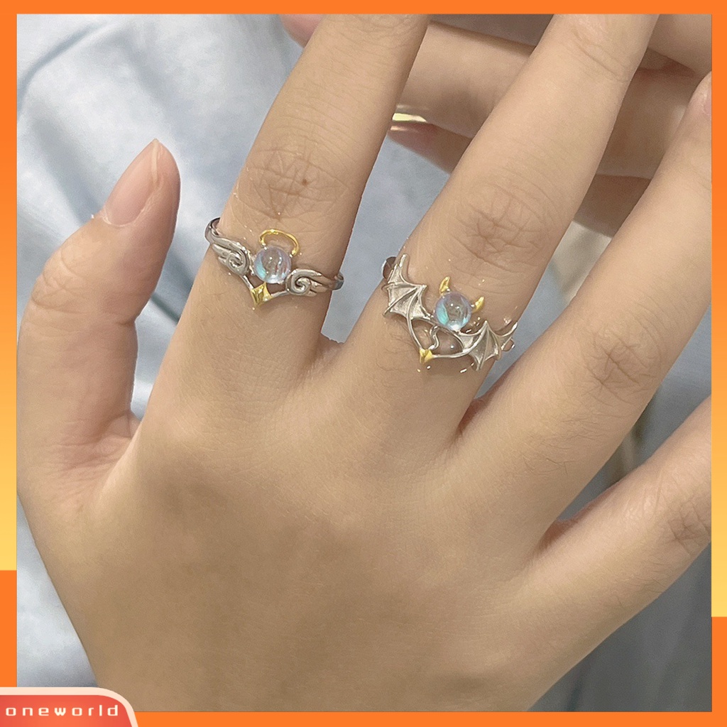 [ONW] Wanita Cincin Romantis Bersinar Faux Moonstone Desain Pembukaan Yang Dapat Disesuaikan Hadiah Hias Sayap Malaikat Setan Jari Cincin Perhiasan Pesta Untuk Kekasih