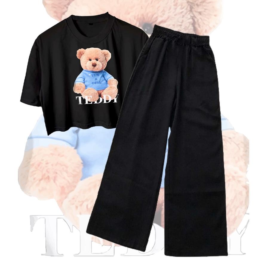Terlaris CLSTORE SETELAN BAJU REMAJA USIA 9-16 TAHUN KAOS CROP OVERSIZE DAN CELANA KULOT BEAR SERIES