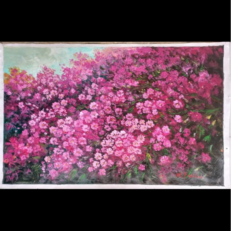 LUKISAN BUNGA SAKURA / LUKISAN ANTIQ / KANVAS / 60X90