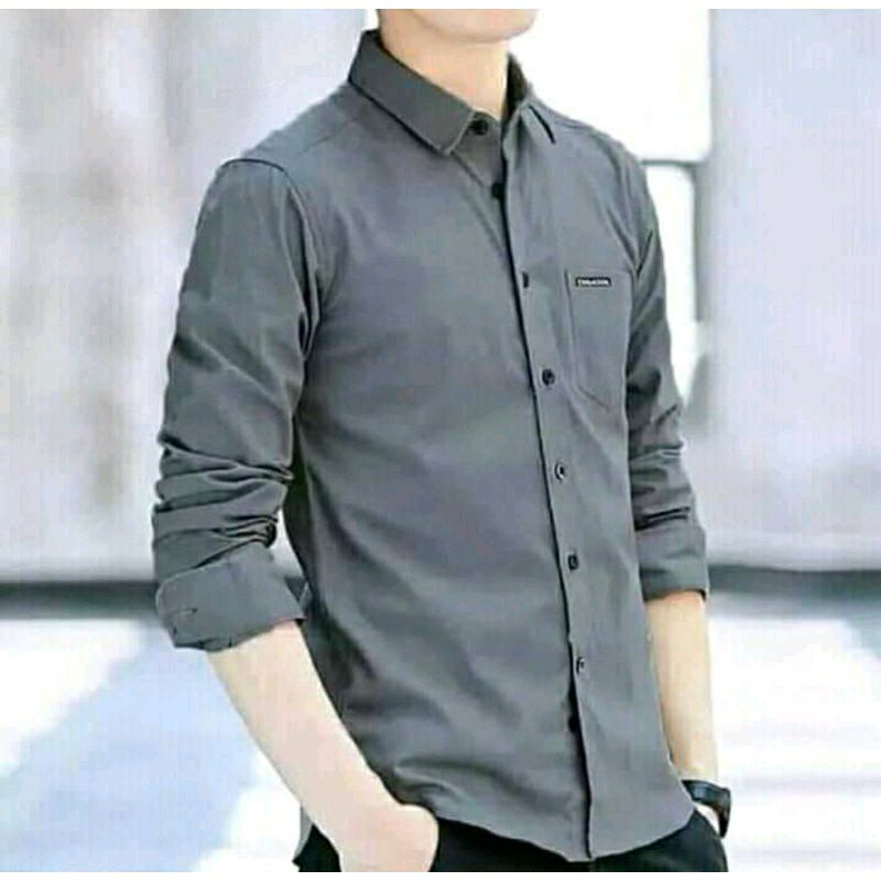 kemeja cowok polos pria lengan panjang slimfit / hem pria kantor putih hitam navy abu maroon army