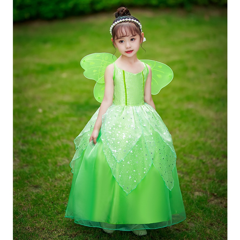 TINKERBELL DRESS WING KOSTUM PERI HUTAN HIJAU DAUN IMPORT FASHION DRES ULANG TAHUN