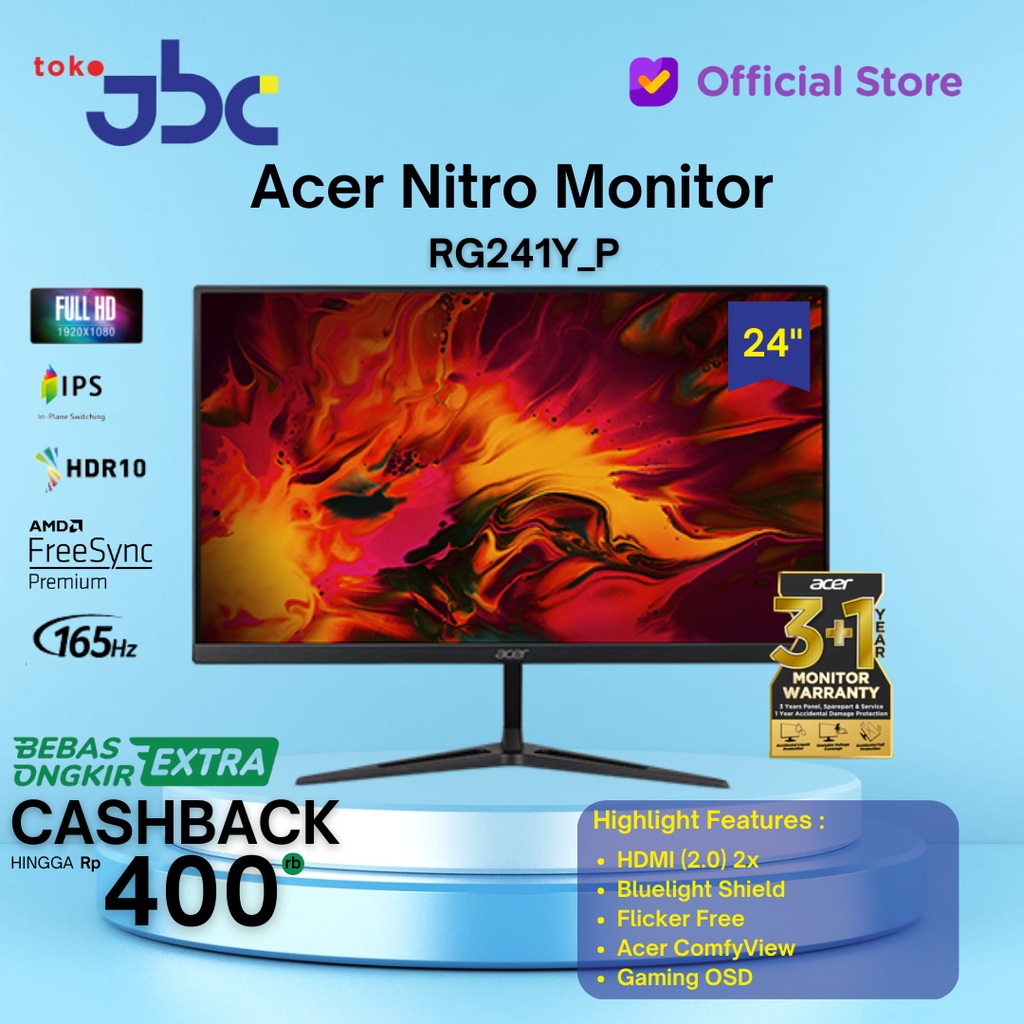 LED Monitor Gaming ACER Nitro RG241Y 24&quot; 165hz FHD HDMI DP - RG241Y P - gojek/grab