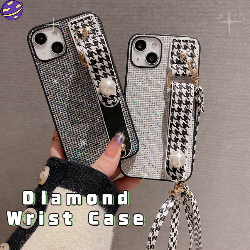 [High Quality] Flash Diamond Wrist Strap Case Untuk IPhone 14,13,12,11 Pro Max Casing Ransel Motif Houndstooth