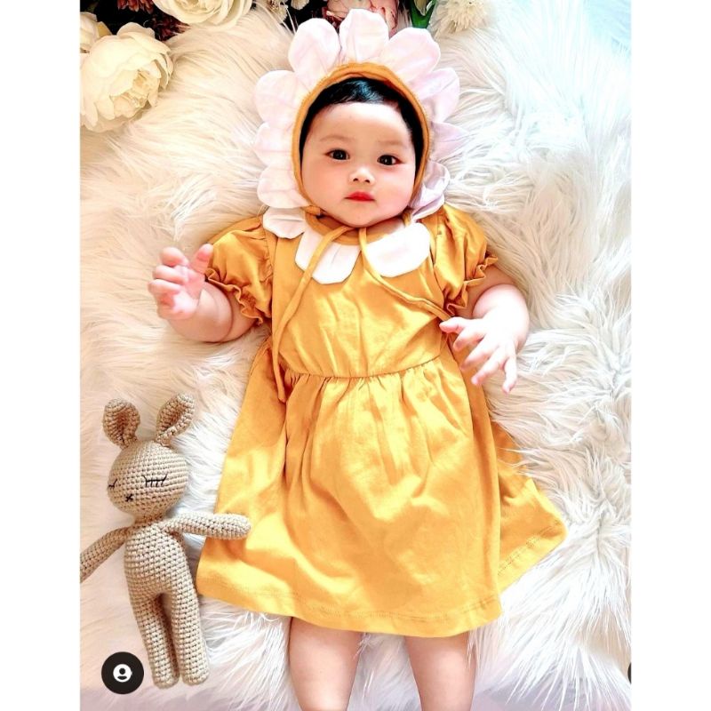 dress bayi katun zalina flower bonus topi bonnet 0-12 bulan