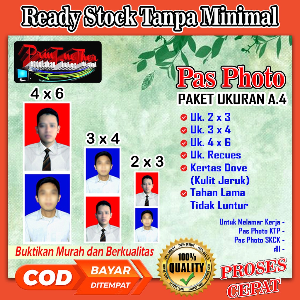 

Pas Photo 10 k bebas edit full 1 lembar kertas photo A4 Dove anti luntur tahan lama uk.2x3, 3x4, 4x6, kombinasi/campur