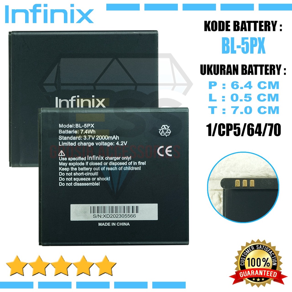 Baterai Original UNIVERSAL For type HP Ukuran Battery panjang 6.4 cm Tinggi 7 cm Tebal 0.4 cm 3 pin