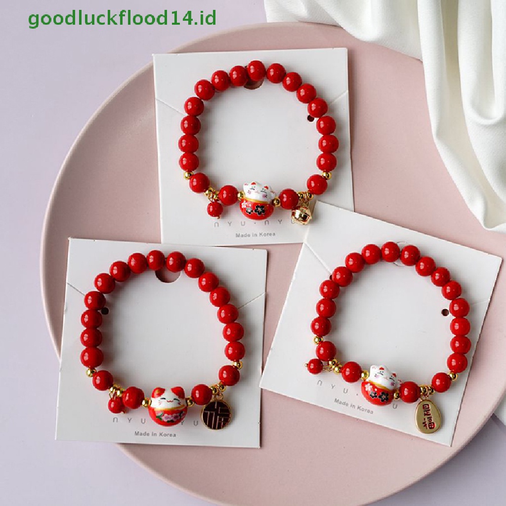 [GOOGFOUR] Manik-manik Merah Gelang Keramik Tali Tenun Tangan Manik-Manik Plutus Kucing Stretch Bracelet [TOP]