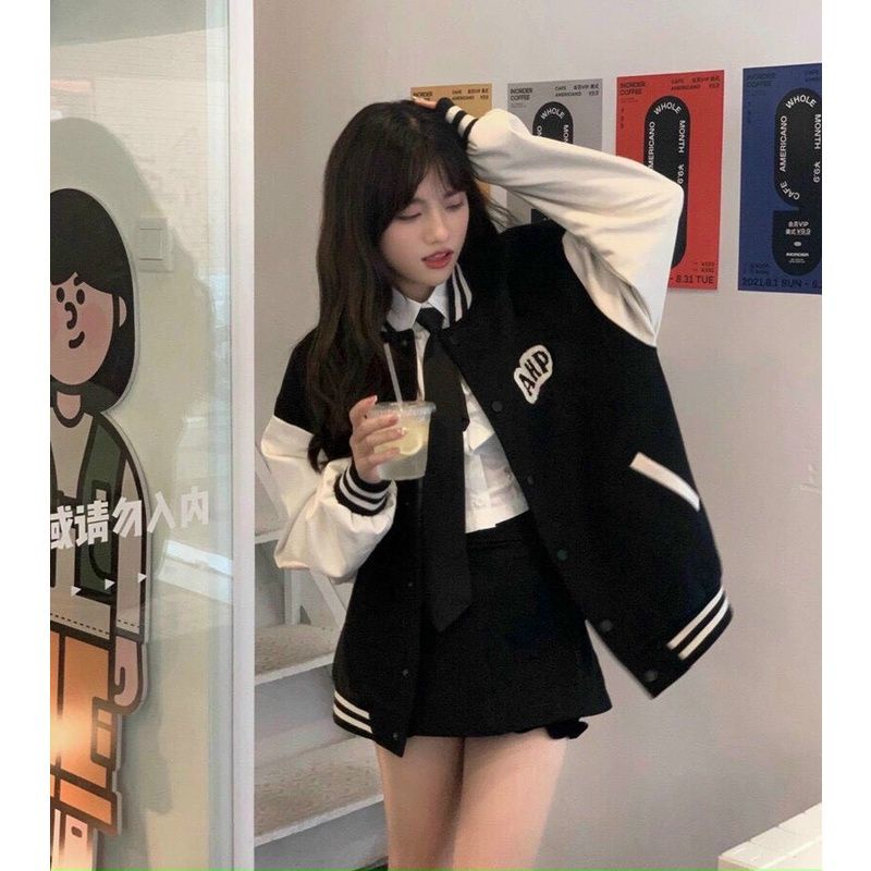 Jaket Baseball Big Size ( S - 6XL ) AHP Korean Street Style Hip Hop Jaket Varsity Kancing Bomber FLeece Unisex Jacket Boy Girl Pria Wanita Jumbo Hitam Putih Mix Kombinasi 2 Warna Street Style Bisbol Two Tone