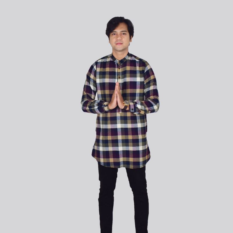 Baju koko Shanghai Flanel Pria Lengan Panjang Slimfit Kurta Pakistan