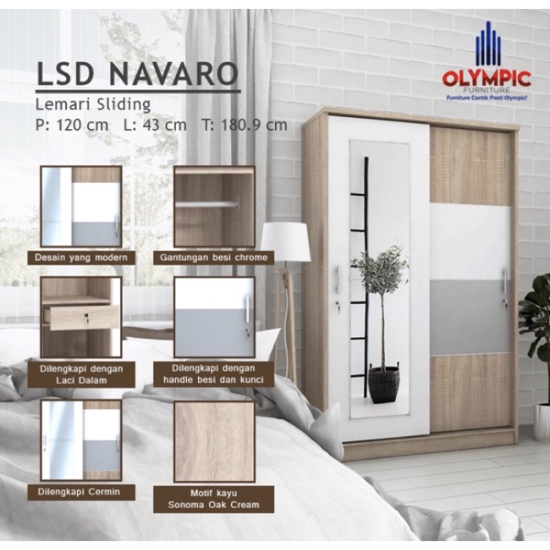 Lemari Sliding Geser Particle Board 2 Pintu Olympic Cermin LSD Navaro/ Wynn/ Whitney