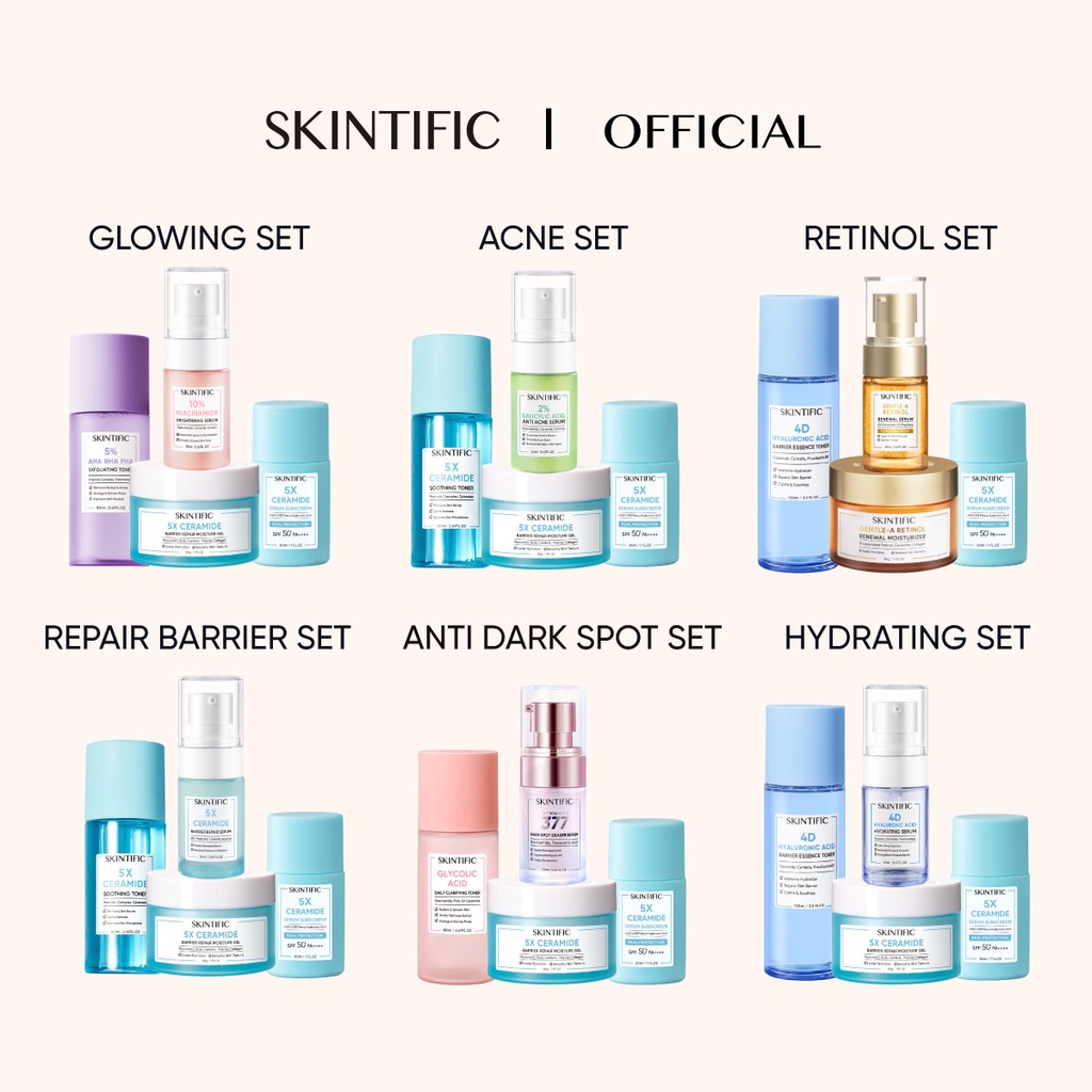 SKINTIFIC 4pcs with Sunscreen - Paket Skincare Moisture Gel + Serum
Sunscreen + Exfoliating Toner / Soothing Toner + Brightening Serum /
Anti Acne Serum / Barrier Repair Serum / Hydrating Serum