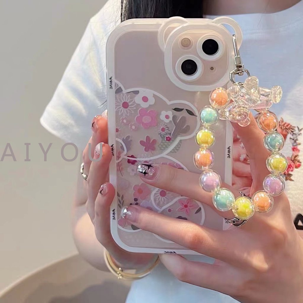 IPHONE Lucu 3D Pelangi Beruang Telinga Bunga Transparan Gantung Telepon Rantai Silikon Case Untuk Iphone14 13 12 11 Pro Max XR XS Bening Soft Cover