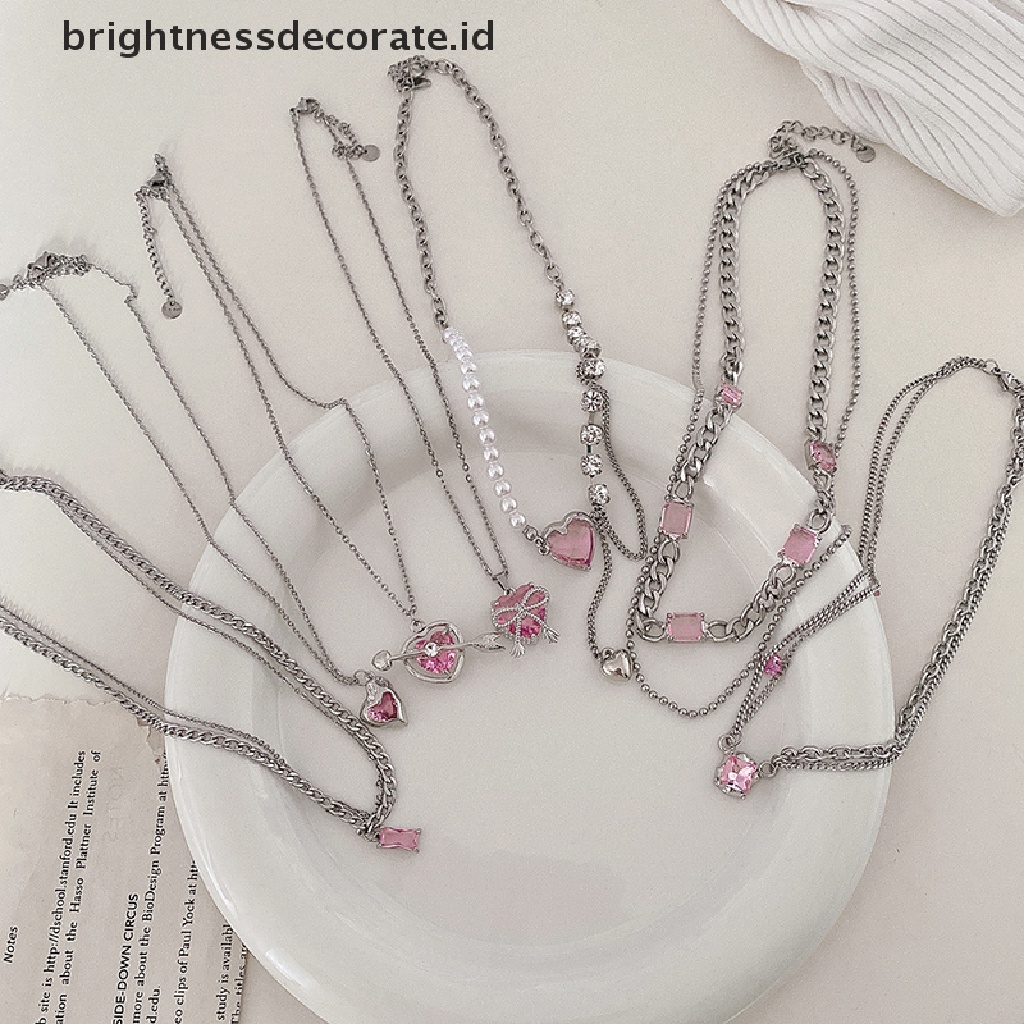 [Birth] Trendy Pink Kristal Jantung Liontin Kalung Heart Pearl Beads Chains Choker Necklace Untuk Wanita Kerah Aksesoris [ID]