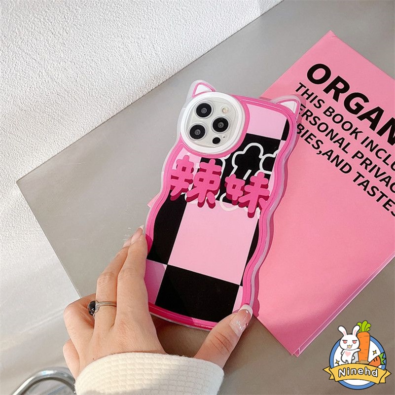 IPHONE Casing Kompatibel Untuk Iphone14 13 12 11 Pro Max X Xr Xs Max8 7 6 6s Plus SE 2020 Korea Motif Kisi Rose Pink Casing Ponsel Bumper Shockproof Silicone Soft Case Cover Pelindung
