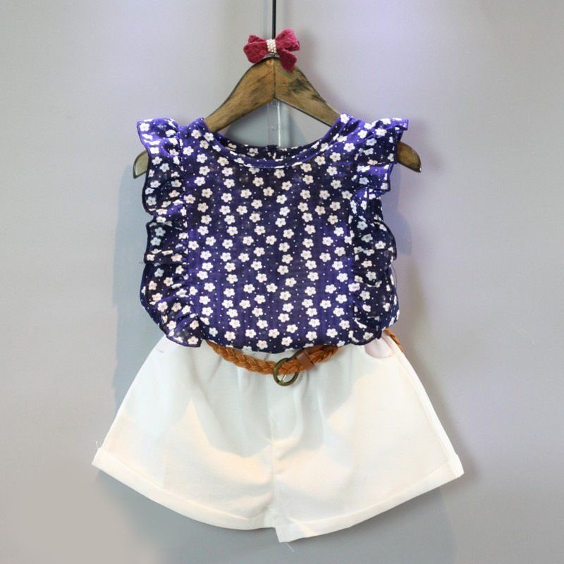 Setelan Anak Perempuan + Belt Fahion Import - Motif Bunga Biru Navy