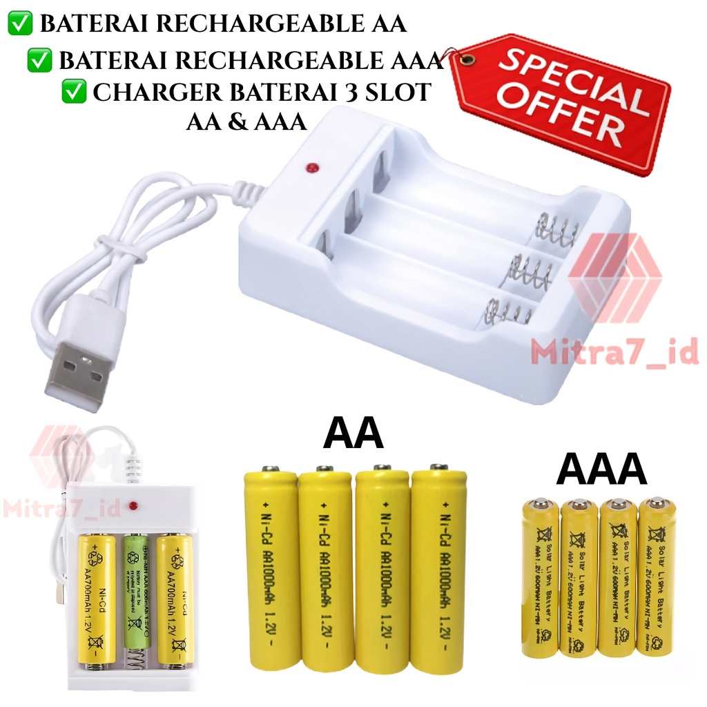 [M7] Baterai Batre Cas AA 1000 mAh AAA 600 mAh / Desktop Charger Battery 3 Slot USB / Battery Rechargeable
