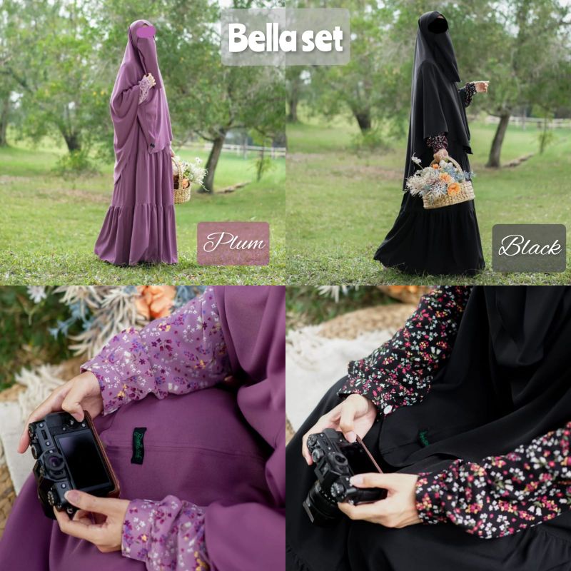 Bella set gamis dan khimar bahan Rayon mix tiffany twill by Mumtaz hijab
