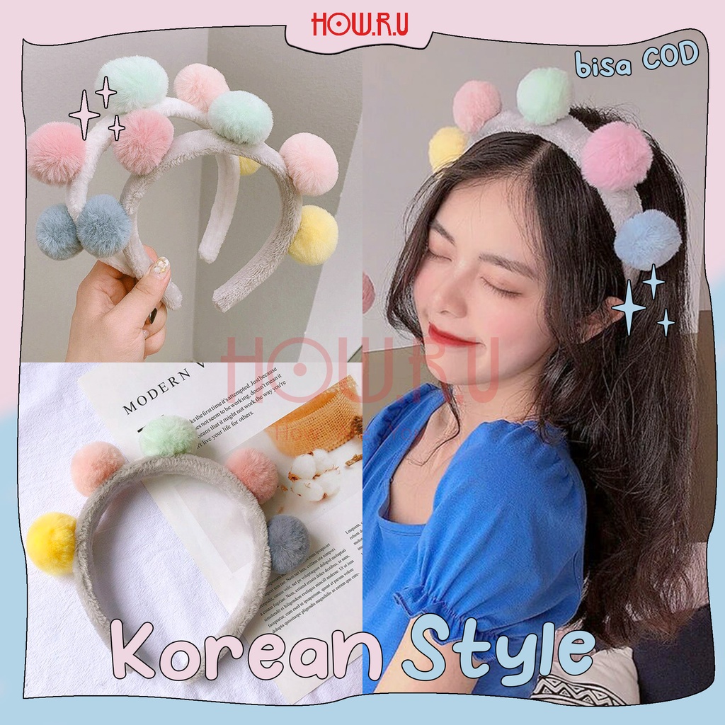 HOW.R.U | Bando Pom Pom Medium Lucu Bentuk Kuping Hewan untuk Anak dan Dewasa