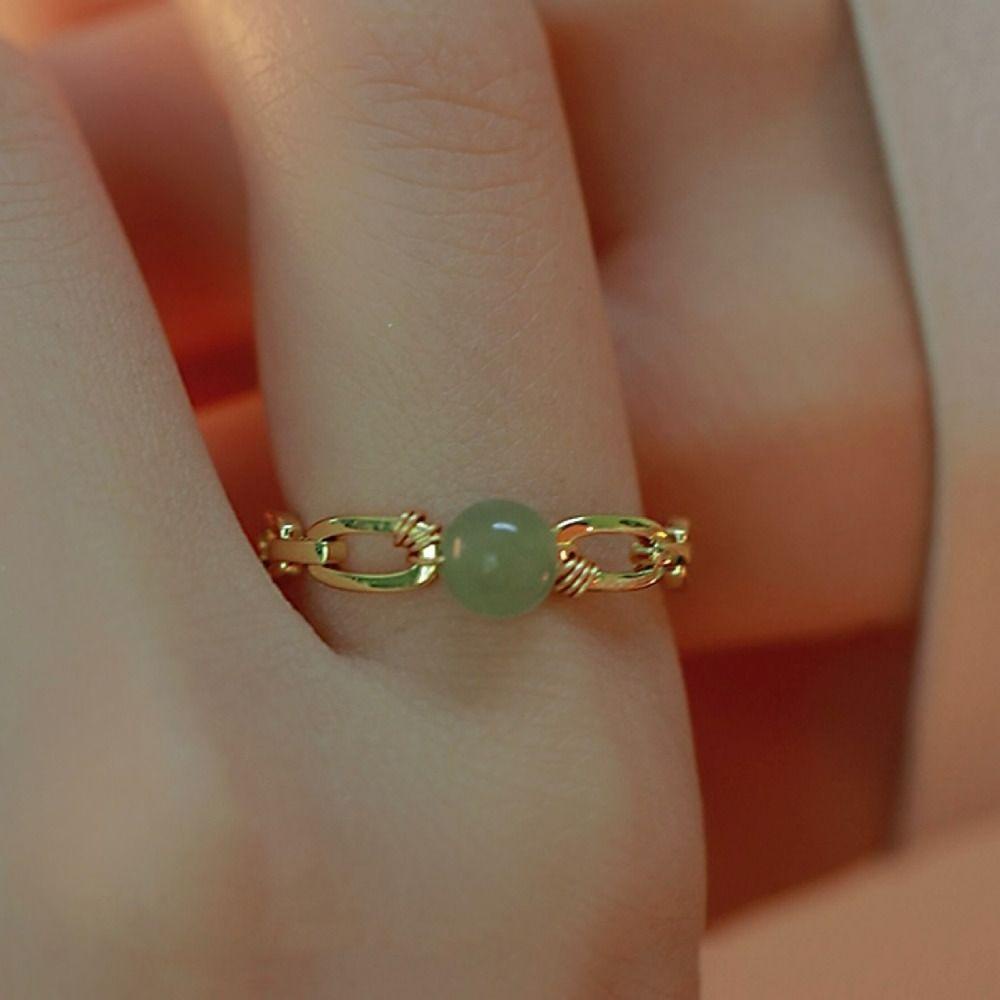 Mxbeauty Hetian Cincin Giok Kepribadian Sederhana Emas Jari Gesper Geometris Hijau Gaya Cina Ring