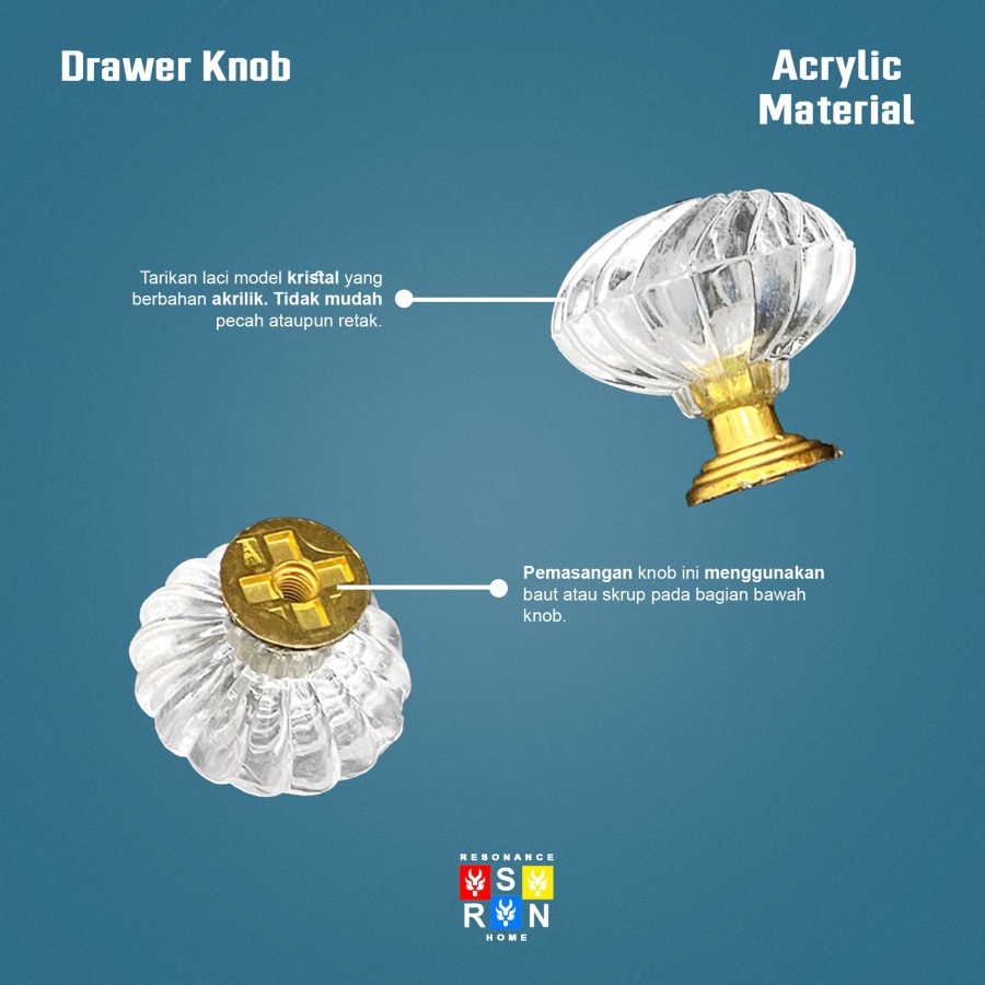 Tarikan Knob Laci Kristal Transparant 29 mm Vintage Gold / Drawer Knob Resonance Home