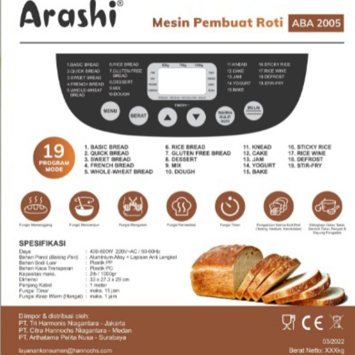 Arashi Bread Maker / Mesin PemBuat Roti ABA 2005 - Bahan Alluminium Alloy - Anti Lengket