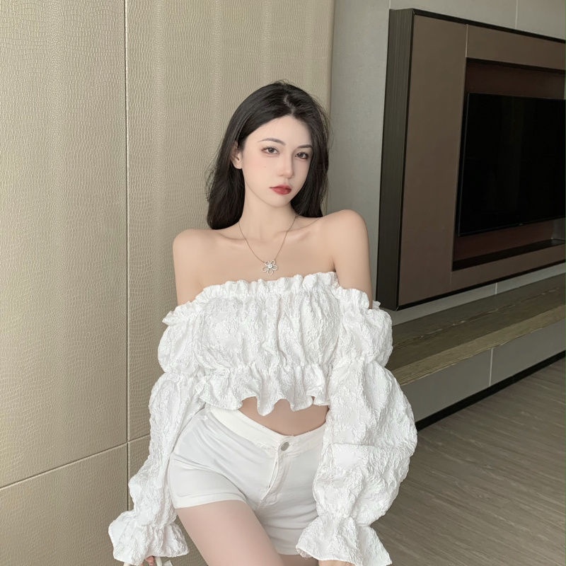 Red Desain lengan lentera temperamen dewi lembut rasa atasan satu bahu jacquard ramping bagian pendek kemeja tipis untuk wanita