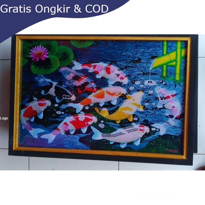 lukisan cetak ikan koi keberuntungan plus bingkai ukuran 65×45 [BISA COD]