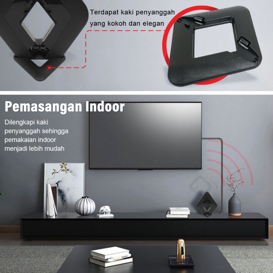 Antena TV Digital Analog Booster Indoor Outdoor Antenna + Kabel 12 Meter PX HDA-2000B (Black)