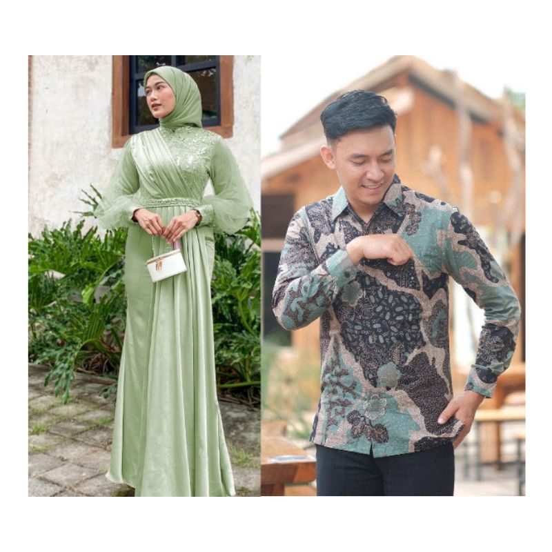 BATIK EXPRESS - Baju Couple Pasangan Gamis Aldira Brukat Tulle Mutiara Couple Dress Kondangan Lamaran Baju Couple Lebaran Adeeva Maxi Dress Modern