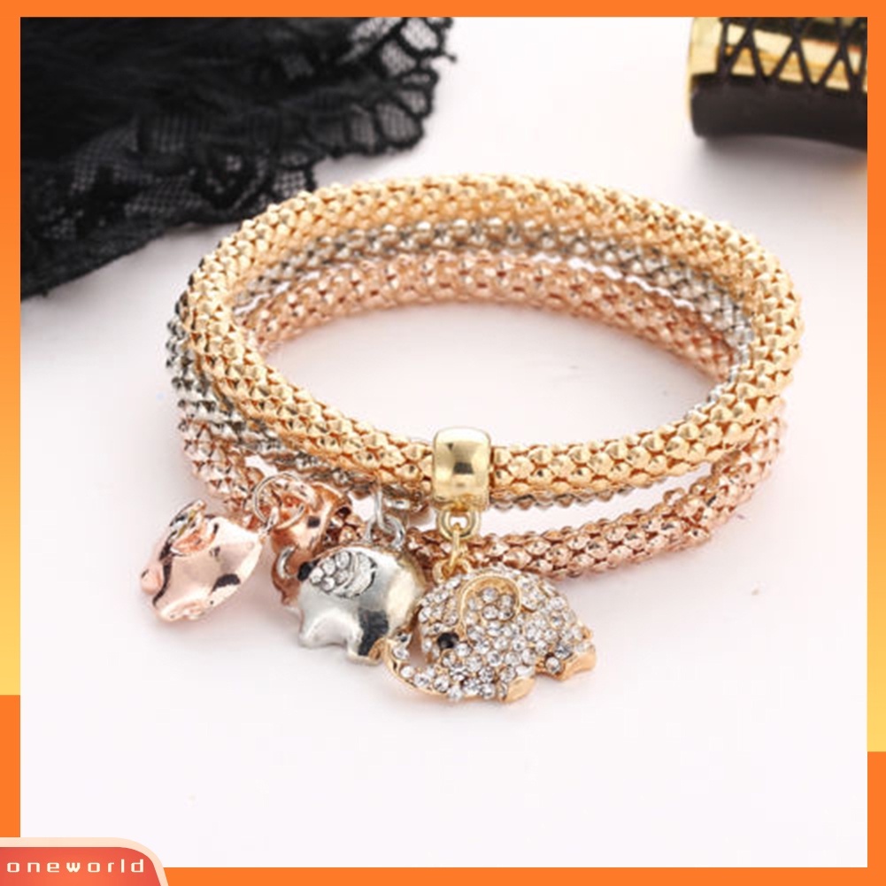 {oneworld} 3 Pcs/Set Wanita Fashion Burung Hantu Pohon Gelang Berlian Imitasi Liontin Bangle Perhiasan Hadiah